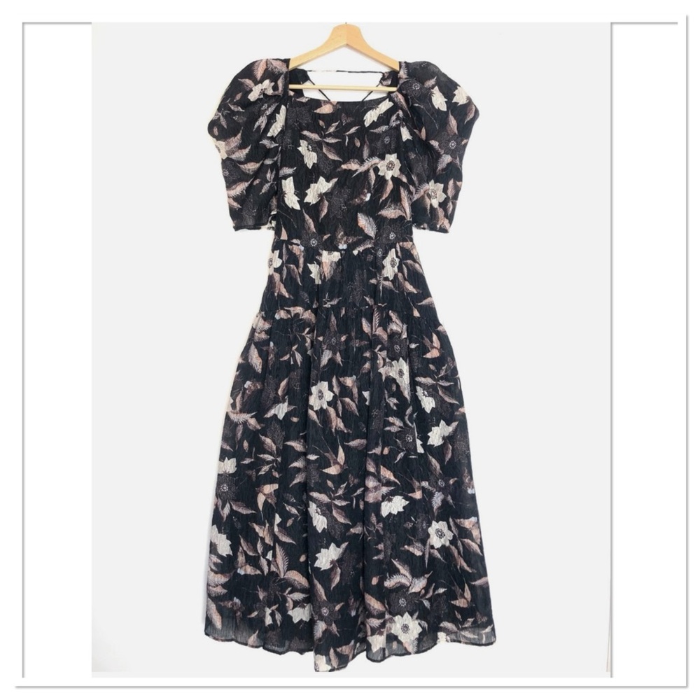 Ulla Johnson Black Floral Midi Dress with Cream & Blush Accents